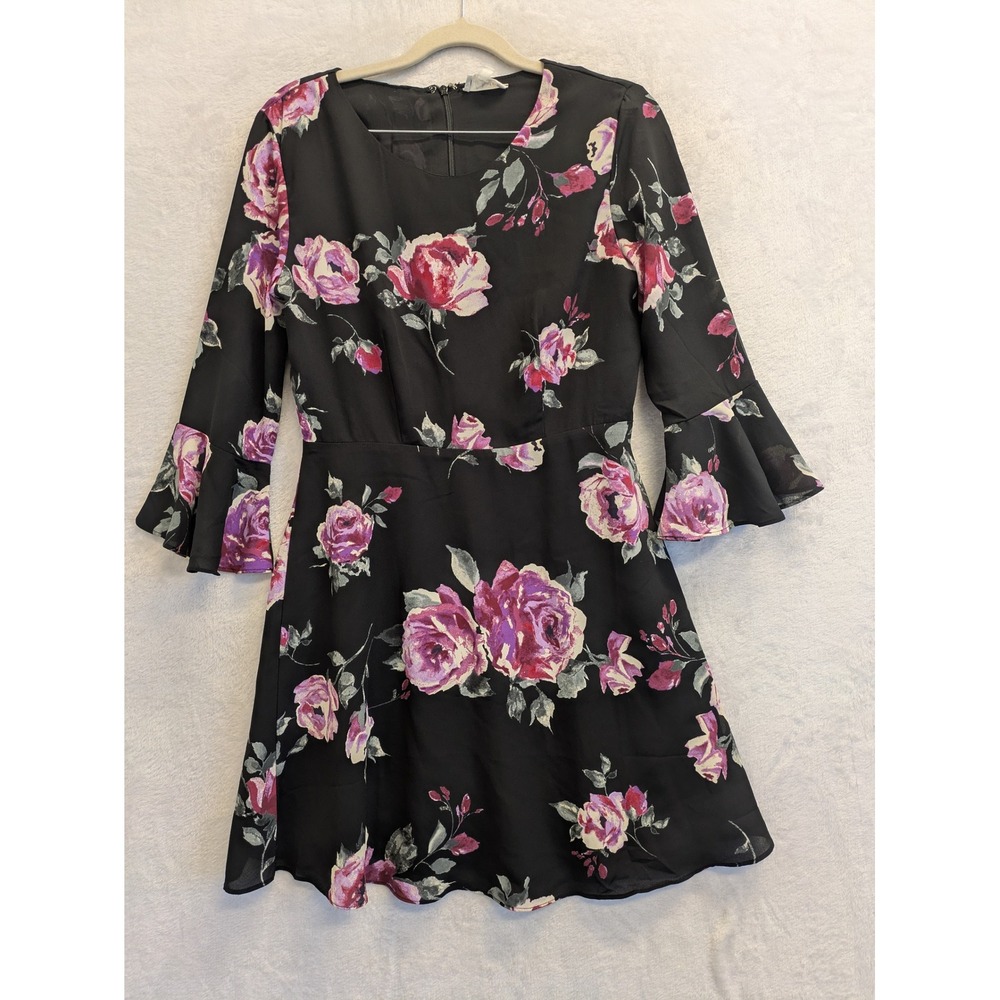 Le Kate Black Floral Print Bell Sleeve Midi Dress Size‎ S